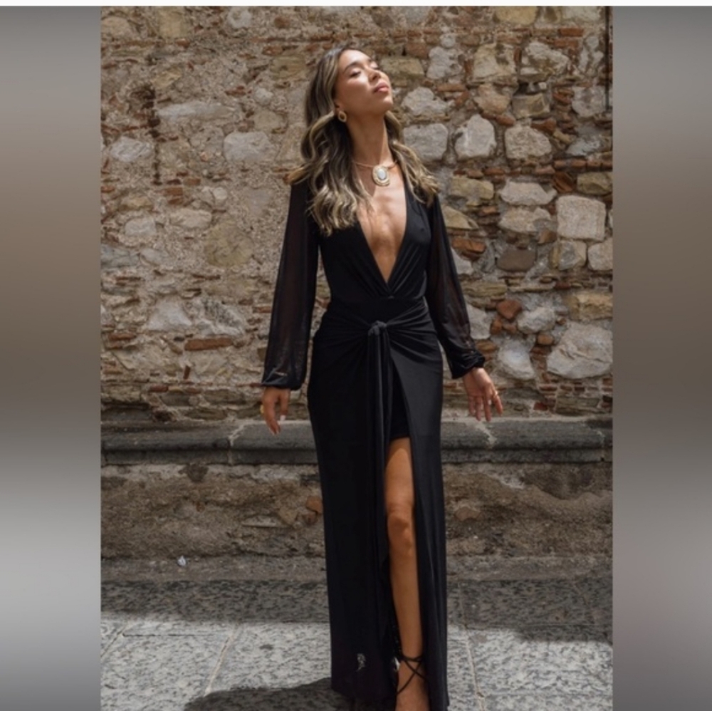 12th Tribe Black Mesh Wrap Maxi Dress with Long Sleeves
